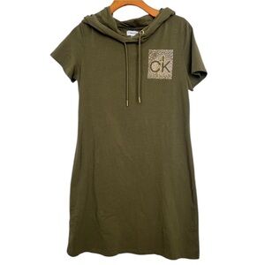 Calvin Klein Women's Size L Hoodie Rhinestone Shirt Dress Olive Green Stretchy